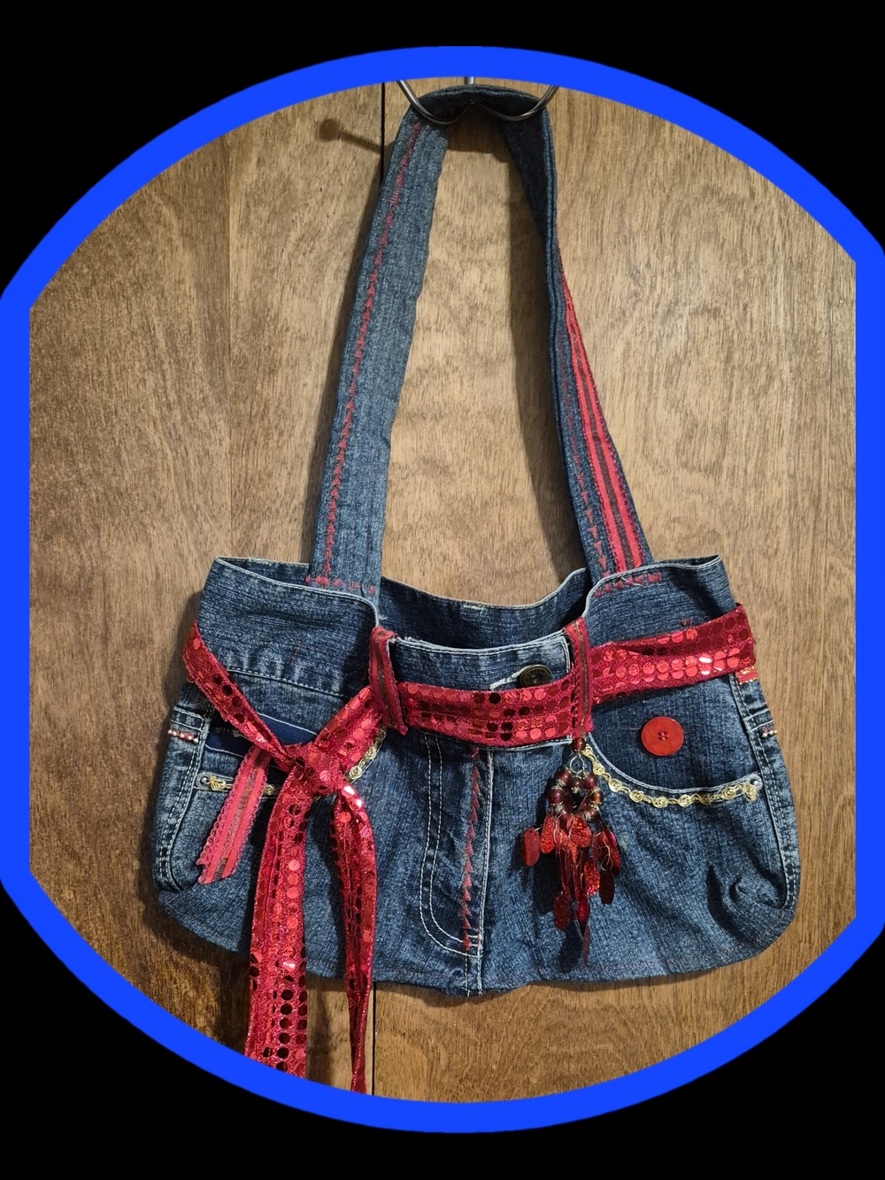 Handcrafted Upcycled Izod Denim Tote Bag w/Velcro & Red/Gold Sequins/Charm